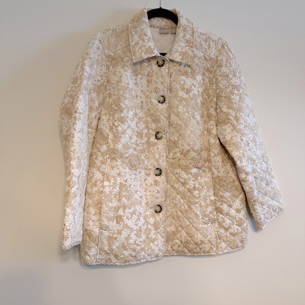 Chico's Quilted Jacket Lace Print Cream/Tan EUC Size 3